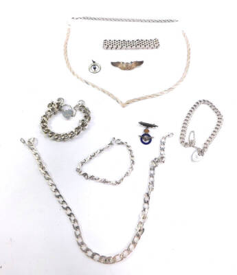 Silver jewellery, including a gate link bracelet, curb link bracelet on a heart shaped padlock clasp, RAF pendant badge, chains, etc, 174.4g.
