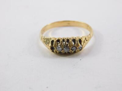 A Victorian 18ct gold and diamond five stone ring, size Q, 3.0g, high grade gold and turquoise five stone ring, size J, hallmarks worn, 2.8g, and a Victorian 9ct gold ruby and diamond ring, size P, 2.8g. (3) - 2