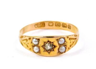 A Victorian 18ct gold diamond and seed pearl set ring, size Q, 2.0g.