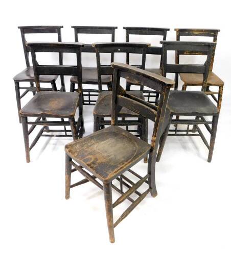 A set of six Victorian ebonised beech and elm chapel chairs.