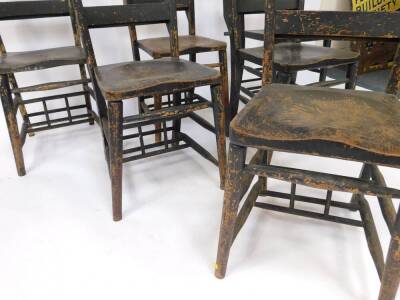 A set of six Victorian ebonised beech and elm chapel chairs. - 3