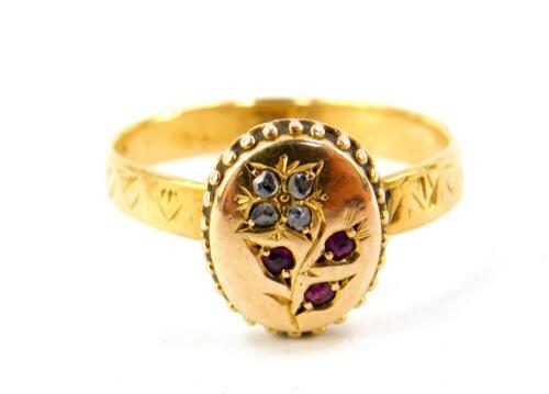 A Victorian gold diamond and ruby Forget-Me-Not ring, size N, 3.7g.