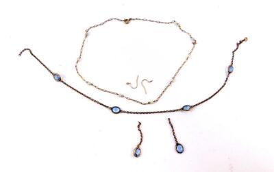 A blue glass set costume necklace and pair of matching earrings, together with a seed pearl set chain.