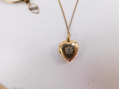 A 9ct gold and gem set heart shaped pendant on chain, 4.9g, a pair of gold plated prince-nez, two further plated chains and a 9ct gold initial and silk band. - 3