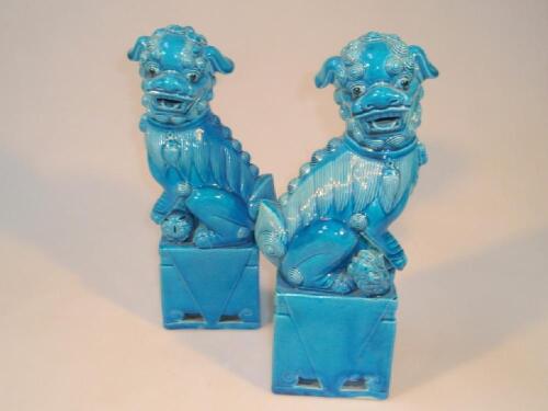 A pair of Chinese blue glazed dogs of Fo each seated on rectangular plinths