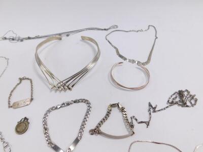 Silver jewellery, including a five strand collar, heart shaped bracelet, curb link identity bracelet and a St Christopher pendant, 152g. - 2