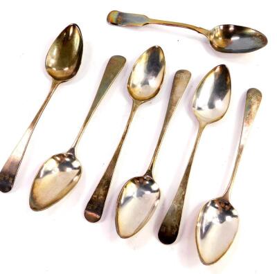 Six George III silver teaspoons, initial engraved, Samual Godbehere, Edward Wiggon and James Boult, London 1804, and a further teaspoon, London 1818, 2.71oz.