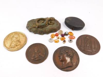 A late 19thC French gilt metal sculpture cast as a salamander, four medallion castings, and agate cabachons.