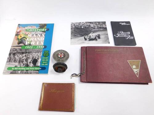 Mid 20thC Isle of Man TT photographs, autograph book containing motorcyclist's signatures to include Steve Hislop, Niall Mackenzie, Mallory Park Season Park - Cars 1975, Royal Automobile Club Associate car bonnet mascot, etc. (qty)