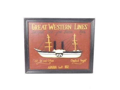 A wooden and plaster rectangular wall plaque, Great Western Lines, half block model of The Arabia built 1852, 40cm H 50.5cm W.