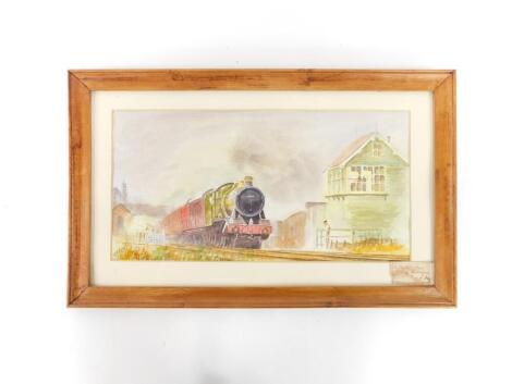 A 20thC watercolour Misty Morning, Witherslack Hall locomotive passing railway signal box, 37cm x 60.5cm.