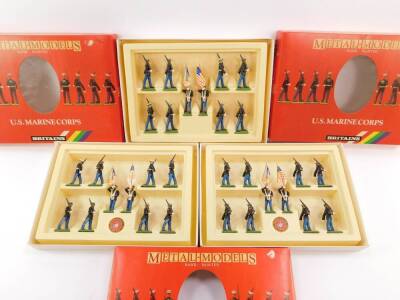 Three Britains Soldiers military boxed sets, US Marine Corp, US National Flag and Marine Corp Standard with Sergeant and Marines marching, 7303.