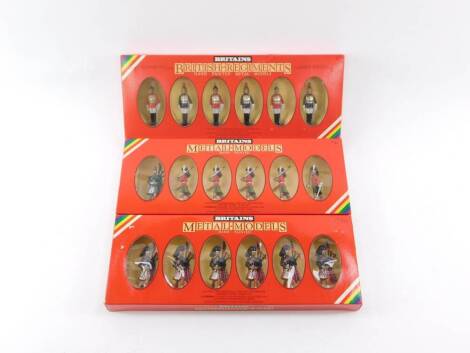 Three Britains British Regiments, comprising Gordon Highlander officer, piper and five men 7239, three Lifeguards and three Horse Guards 7227, and six Scot Guard Pipers 7241. (boxed)