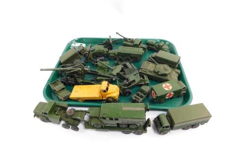 Dinky die cast military vehicles and guns, including a Long Tom, tank transporter, medium artillery tractor, recovery tractor and a Centurion tank, together with non military vehicles. (qty)