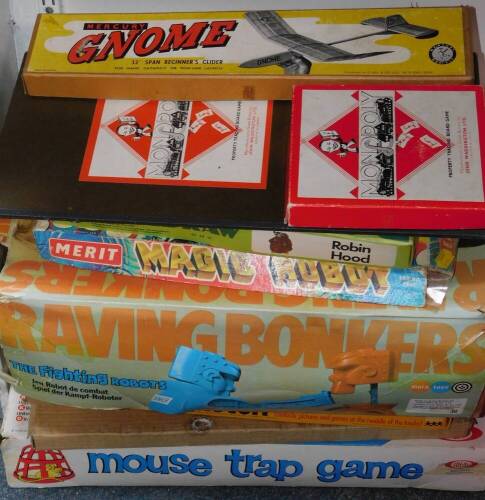 Games and toys, including Raving Bonkers, Mousetrap, Monopoly, a Mercury Gnome Glider, and Magic Robot. (qty)