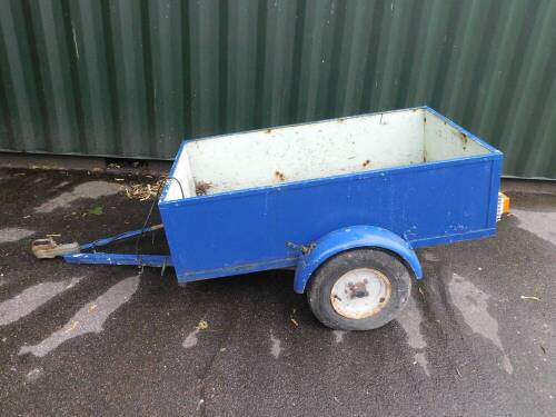 A metal and wooden framed car trailer, painted blue, 153cm x 124cm.