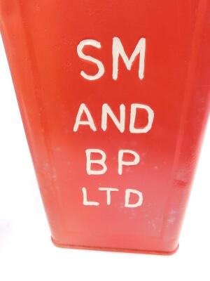 An ESSO blue paraffin can, painted blue with dark blue lettering, 24.5cm H, a red painted petrol can with white lettering S.B.P.4, and a military water can. (3) - 4