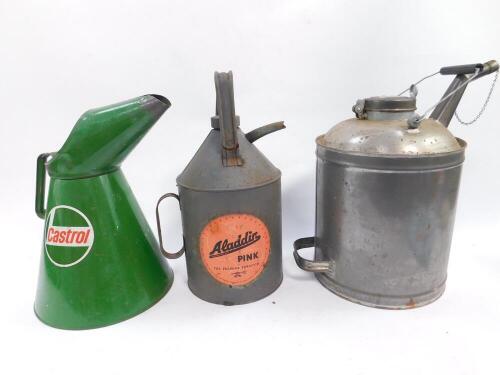 A Castrol 5 litre oil can, painted green with white and red lettering, together with an Aladdin pink paraffin oil can. (2)