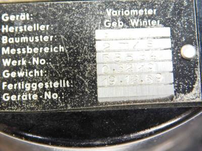 A Winter Instruments aircraft variometer, model no STV1, black dial with white loom numbers, single pointer, measuring range +/- model 2M/secs, 0.32kg, manufactured 19/12/1969. - 3