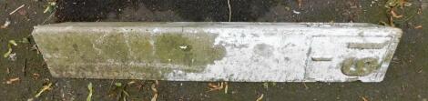 A concrete railway distance marker, partially painted white, of triangular form, raised numbers 19 and 1, 153cm H.