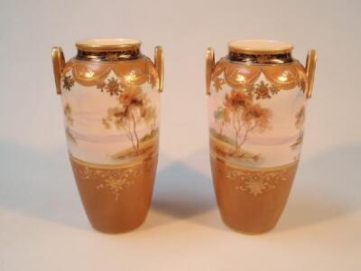 A pair of Noritake two-handled ovoid vases painted with encircling landscape - 2