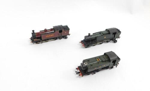 A kit built OO gauge locomotive, LMS red livery, 0-6-4, 15307, GWR locomotive, green livery, 2-6-2, 5120, and a GWR shunting engine, 9403. (3)