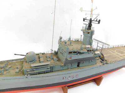 A scale model of HMS Leeds Castle, B258, a Castle Class Patrol Ship, on a wooden stand, 104cm L.. - 2