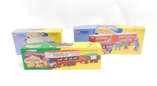 A Corgi Classics Foden S21 lorry and trailer, with elephants, pedestal and rider, 31902, Foden S21 articulated tank trailer with hippo and crocodile, 14201, and Tuby's - Foden S21 8 wheel dodgem truck with trailer, 1401, all boxed. (3)