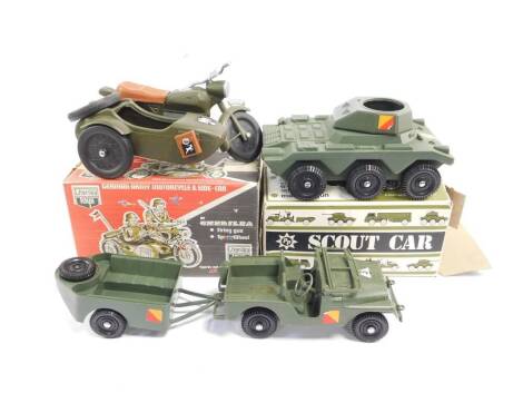 A Cherilea Toys German Army Motorcycle and Sidecar, PP Scout Car, both boxed, and two further military vehicles. (4)