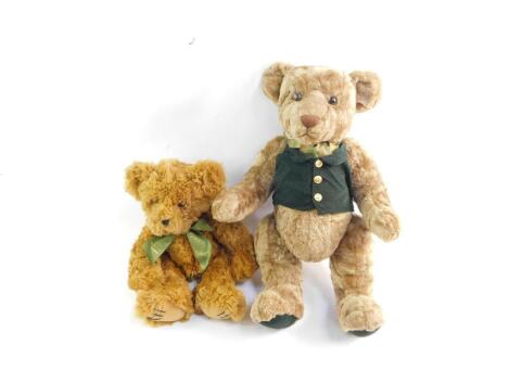 Two Harrods Teddy Bears, one wearing a green waistcoat and cravat, 51cm and 32cm H respectively.