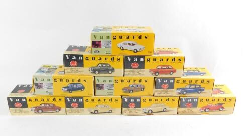 Vanguards die cast models of classic cars, all boxed, comprising an Hillman Imp, Ford 100E, Austin A35, Austin Allegro, Rover P4, Morris 1300, VW Cabriolet, Triumph Herald, Ford Anglia and a Morris Marina. (10)