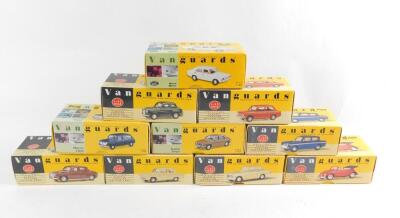 Vanguards die cast models of classic cars, all boxed, comprising an Hillman Imp, Ford 100E, Austin A35, Austin Allegro, Rover P4, Morris 1300, VW Cabriolet, Triumph Herald, Ford Anglia and a Morris Marina. (10)