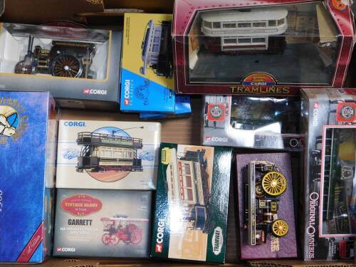 Corgi die cast vehicles, including Classics, trams and buses, and a Matchbox Gypsy caravan 1900, all boxed. (qty)