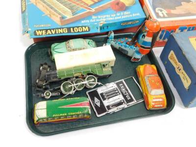 A mid 20thC British tin plate staff car, Pullman Coaches road coach, Redline Taxi, Blic clockwork performing seal, dominoes, Bayko converting set, and sundry toys. (qty) - 2