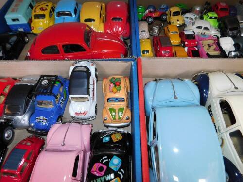 Soledo Welly and other die cast models of VW Beetles, non die cast models, and a camper van, unboxed. (qty)