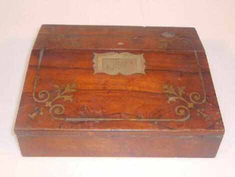 A Georgian inlaid rosewood writing slope with brass inlay and handle bearing