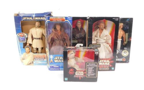 Hasbro and Kenner Star Wars figures, comprising two Anakin Skywalker figures, two Obi-Wan Kenobi figures, Luke Skywalker and Qui-Jon Jinn figures, all boxed. (6)