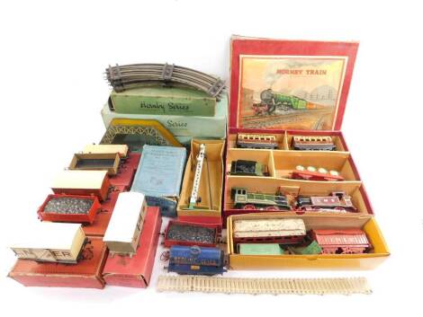 A Hornby O gauge passenger train set, comprising two locomotives, two Pullman coaches, Orelia and Marjorie, and a Castrol Oil wagon, boxed, together with a signal double arm, further wagons, footbridge and track, most boxed. (qty)