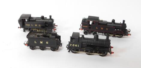 Three kit built OO gauge locomotives, LMS black livery, comprising 6406, 7165 and 2561.