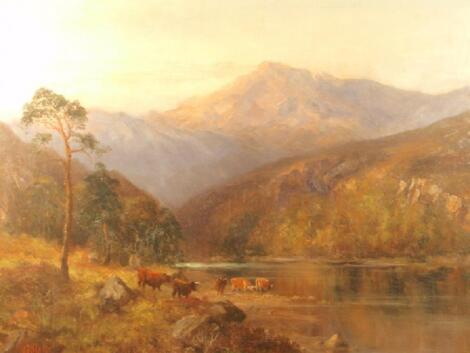 J. F. Slater-'Highland Landscape' with cattle watering on the banks of a loch