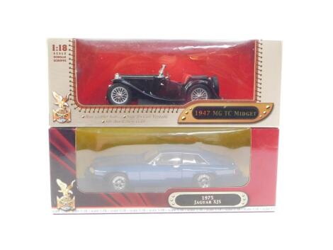 Two Road Signature die cast models of motor cars, scale 1:18, both boxed, comprising a Jaguar XJS 1975 and a 1947 MG TC Midget.