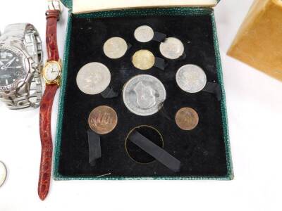 Costume jewellery and gentleman's wristwatches, including Seiko, Burer, Philip Persio, and Sekonda, together with commemorative coins, and sundry vertu. (qty) - 3
