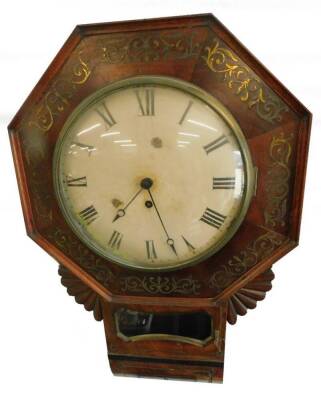 A Regency mahogany brass inlaid drop dial wall clock, the painted dial with Roman numerals, the case decorated with scrolls etc., brass fusee movement, (AF), 39cm W.