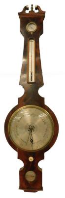 J. Needham Rothwell (1921-2011). A mid 19thC wheel barometer, in a mahogany case, inset with dry damp gage thermometer, level, etc., 113cm H.