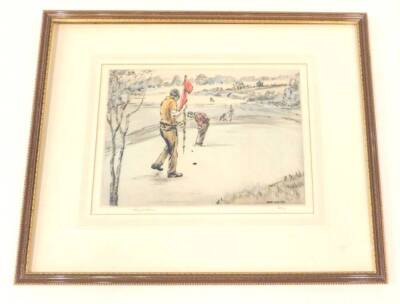 Henry Wilkinson. Golfers putting, artist signed coloured etching, number 29 of 150, 28cm x 37cm.