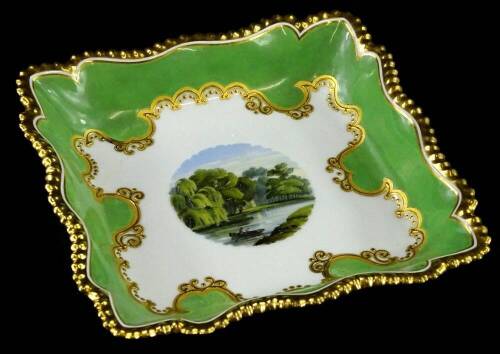 A Flight Barr and Barr Worcester porcelain square section dish, decorated with a scene of The Duke of Buccleuch's Villa, with green and gilt borders, impressed mark to underside, 24cm W.