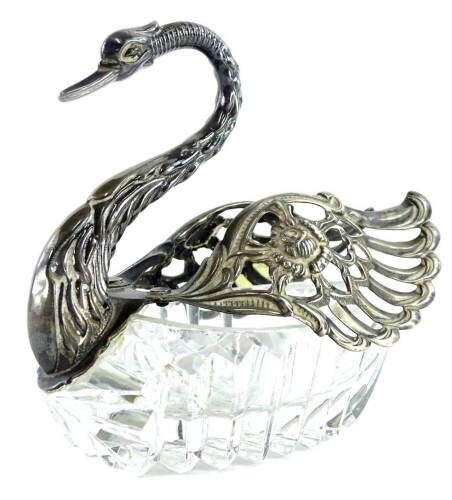 A cut glass and silver mounted swan ornament, the wings stamped 925, 12cm L.