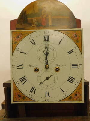 Michie, Brechin. An early 19thC longcase clock, the arched dial painted with a lady and two young girls, with church in the foreground, above four floral spandrels, eight day four pillar movement in oak and mahogany case, 212cm H. - 3