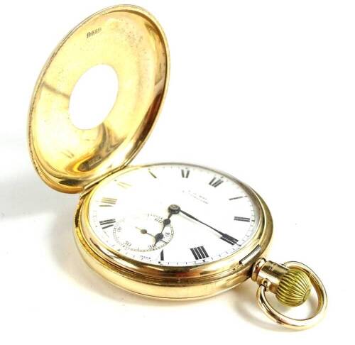 A George V 9ct gold Zenith half hunter pocket watch, with white enamel dial, blue hands and seconds dial, bearing the name W.H.May Nottingham, with Swiss Zenith movement numbered 2767995, in Dennison case, Birmingham 1930/31, 96.1g, boxed.