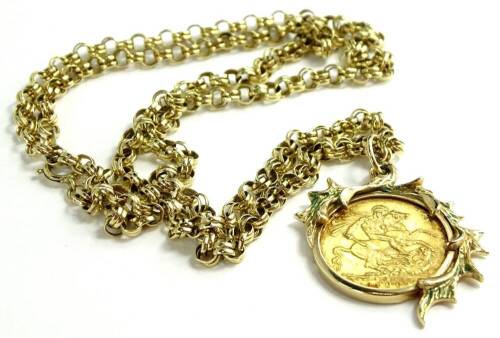 An Edward VII full gold sovereign pendant and chain, the pendant in swirl mount marked 9ct, on heavy two row curb link 9ct gold chain, 26.7g all in.